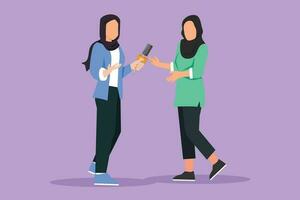 Graphic flat design drawing Arabian business woman giving an interview in presence of journalist with microphone. Beautiful female tv reporter interviewing questions. Cartoon style vector illustration