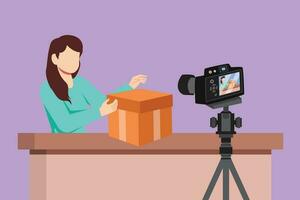 Cartoon flat style drawing of beautiful female show unboxing received package in live at home. Pretty woman vlogger unboxing product and recording review on camera. Graphic design vector illustration