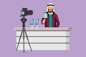 Character flat drawing Arabian man blogger review new smartphone on dslr camera. Live stream broadcast channel. Active male holding mobile phone for review product. Cartoon design vector illustration