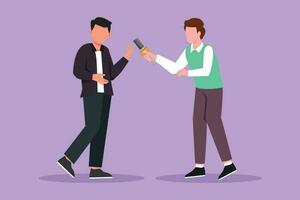 Character flat drawing male journalist with microphone making interview with young success businessman. Professional journalist in conversation, asking for opinion. Cartoon design vector illustration