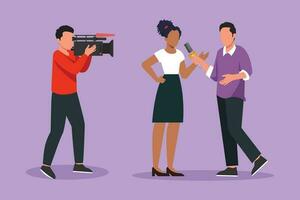 Graphic flat design drawing journalist, operator interview television program news. TV host, reporter, cameraman questioning woman. Video recording show broadcasting. Cartoon style vector illustration
