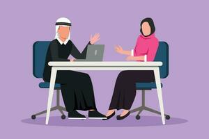 Cartoon flat style drawing Arabian man journalist interviewing girl at desk. Live stream, tv show. Journalist talking to guest. Broadcaster news at tv studio icon. Graphic design vector illustration