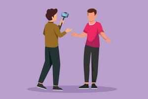 Graphic flat design drawing presenter filming video blog with operator on the street. Man bloggers, journalists filming with professional smartphone and videographer. Cartoon style vector illustration