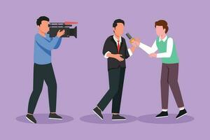 Character flat drawing of male journalists take interview with businessman. TV host or reporter and cameraman questioning man. Broadcasting reportage with cameraman. Cartoon design vector illustration