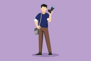 Graphic flat design drawing stylized paparazzi and journalist occupation, standing with digital camera and sling bag icon. Professional photographer taking pictures. Cartoon style vector illustration