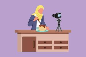 Graphic flat design drawing beautiful Arab girl baking, decorating cake at kitchen. Woman blogger recording video on camera, using tripod, posting it on social media. Cartoon style vector illustration