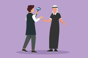 Cartoon flat style drawing active Arabian presenter filming video blog with operator. Man blogger, journalists filming with professional smartphone and videographer. Graphic design vector illustration