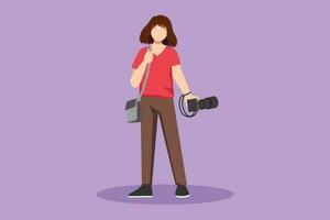 Character flat drawing pretty woman hipster photographer with holding camera in photo studio. Beautiful female photographer using professional camera in the studio. Cartoon design vector illustration