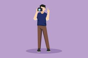 Cartoon flat style drawing male photographer pointing up and using professional camera in studio. Standing and giving count gesturing for taking pictures or photos. Graphic design vector illustration