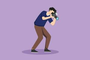 Character flat drawing of stylize professional male photographer with camera taking photo with look down pose. Young man photographer character with camera digital. Cartoon design vector illustration