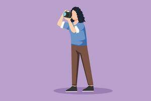 Cartoon flat style drawing happy beautiful professional woman photographer taking photo using dslr camera. Young pretty female character shooting using lens camera. Graphic design vector illustration