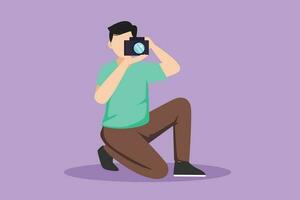 Graphic flat design drawing front view of happy photographer is taking photo using dslr camera. Male character standing full length and shooting. Studio photography. Cartoon style vector illustration