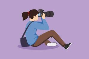 Character flat drawing cute woman photographer of paparazzi sitting and taking photo with modern digital camera with angles. Journalist or reporter making pictures. Cartoon design vector illustration