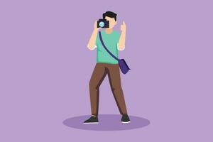 Character flat drawing front view of male photographer standing with thumbs up gesture, taking photo with camera, photographing. Creative profession or occupation. Cartoon design vector illustration
