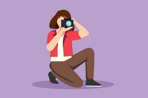 Cartoon flat style drawing happy woman photographer is taking photo using dslr camera. Pretty female character standing full length and shooting. Studio photography. Graphic design vector illustration