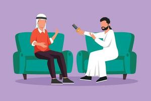 Cartoon flat style drawing Arab journalist interview with famous person. Television, internet broadcast Arab journalist talks to celebrity. Journalist, interviewer. Graphic design vector illustration