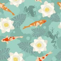 Seamless pattern with marine nature, fish, lilies, lotuses, frogs. East Asian ornament with a summer pond. Vector graphics.