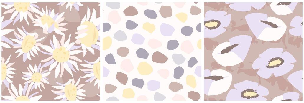 A set of seamless abstract patterns. Simple contemporary shapes of flowers, petals. Botanical natural print. Vector graphics.