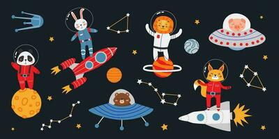 Vector set of space animals. Cute animals in spaceships, on rockets. Satellites, planets, constellations in flat style. Children's banner, greeting card, print. Isolated objects. .