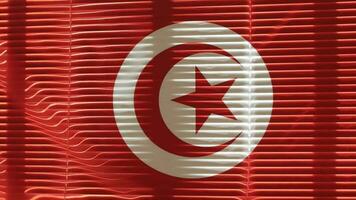 Tunisian flag hanging at wide jalousie window. Closeup video