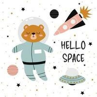 Hand-drawn vector illustration of a cute astronaut bear in space. Cute space illustration with bear, rockets, stars, UFO.  Concept for children's print. Isolated objects. Hello space.