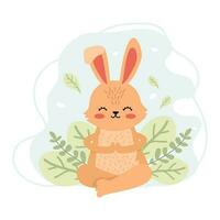 Rabbit doing yoga. Vector illustration of a meditating animal. Charming animal. Cute rabbit in cartoon style on the background of leaves. Creative illustration. T-shirt print. Isolated background.