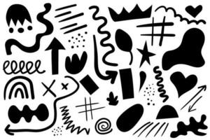 Abstract black and white art background. Large vector collection of elements, unusual organic shapes. Doodle style. Vector minimal children's hand drawn isolated collection. Simple creative shapes.