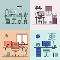 Collection of working table flat design, Concept of working desk interior with furniture. Work room and computer, desktop, table, chair, book, and stationary equipment. Work table cartoon illustration vector