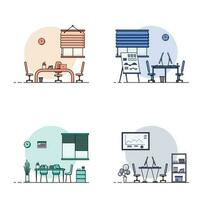 Collection of working table flat design, Concept of working desk interior with furniture. Work room and computer, desktop, table, chair, book, and stationary equipment. Work table cartoon illustration vector