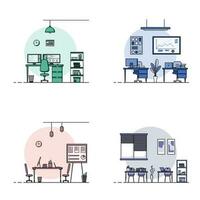 Collection of working table flat design, Concept of working desk interior with furniture. Work room and computer, desktop, table, chair, book, and stationary equipment. Work table cartoon illustration vector