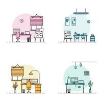 Collection of working table flat design, Concept of working desk interior with furniture. Work room and computer, desktop, table, chair, book, and stationary equipment. Work table cartoon illustration vector