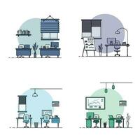 Collection of working table flat design, Concept of working desk interior with furniture. Work room and computer, desktop, table, chair, book, and stationary equipment. Work table cartoon illustration vector