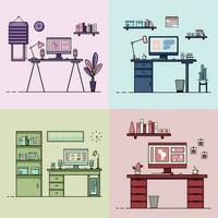 Collection of working table flat design, Concept of working desk interior with furniture. Work room and computer, desktop, table, chair, book, and stationary equipment. Work table cartoon illustration vector