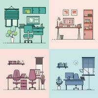 Collection of working table flat design, Concept of working desk interior with furniture. Work room and computer, desktop, table, chair, book, and stationary equipment. Work table cartoon illustration vector