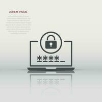 Laptop with password icon in flat style. Computer access vector illustration on white isolated background. Padlock entry business concept.