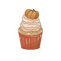 Hand drawn colorful cartoon illustration of a cute pumpkin spice cupcake with cream. Cozy muffin decorated with cute pumpkin on top. Isolated on white background. vector
