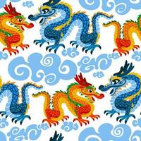 Vector seamless pattern with Chinese dragon and clouds orange and blue. Hand-drawn. Abstract art print. Wallpaper, fabric design, fabric, napkin, textile design template, background. Mythological