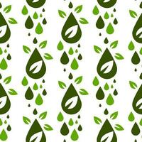 Seamless pattern on the theme of biodiesel, fuel in green colors. A large drop with leaves on white. Flat vector illustration. The pattern of the eco-fuel symbol. Printing textiles, paper