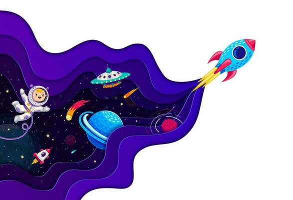 Space rocket launch. Cartoon astronaut, planets