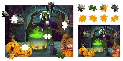 Jigsaw puzzle Halloween game with witch cauldron vector