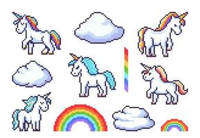 Fantasy pixel unicorns and rainbow, game stickers vector