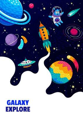 Space poster. Alien, UFO, spaceship and planets
