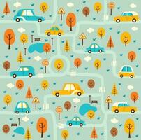 Kid car seamless pattern, roads, trees, vehicles vector