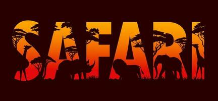 Safari, african sunset with animal silhouettes vector