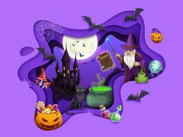 Halloween paper cut wizard or sorcerer cave, pot vector