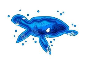 Cartoon sea turtle paper cut silhouette underwater vector