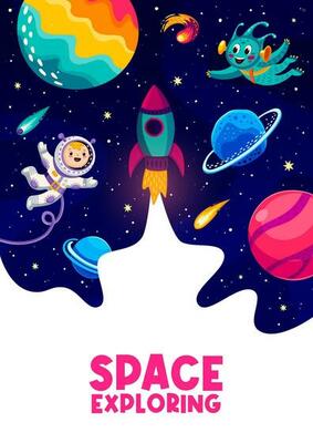 Cartoon space flyer with astronaut and alien