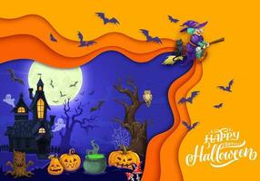 Halloween paper cut landscape with cartoon witch vector