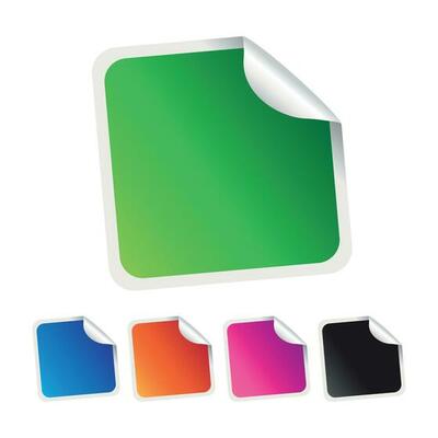 Set of blank stickers. Empty promotional labels. Vector illustration. Green, blue, orange, violet, black square tags.