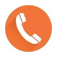 Phone icon in flat style. Vector illustration on round orange background with shadow.